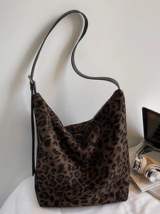 Vintage Leopard Print Large Capacity Flannel Hobo Bag For Women Casual Commuter Tote Bag Soft Shoulder Bag With Zipper