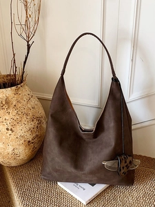 Vintage Women Large Capacity Tote Bag Matte PU Leather Minimalist Hobo Shoulder Bag Commuter Bag With Leopard Pendant
