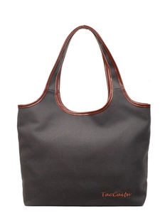 Large dark grey canvas tote bag with brown leather handles for women daily commuting