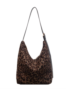 Large leopard print hobo tote bag with adjustable leather strap and suede texture