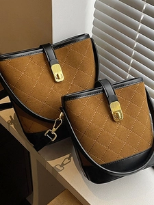 Women Vintage Quilted Bucket Bag Retro PU Leather Rhombus Stitching Crossbody Bag Fashion Gold Lock Casual Handbag