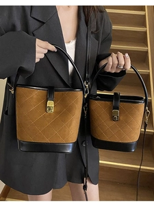 Brown quilted bucket bag set in large and small sizes with retro diamond stitching