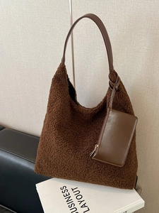 Women Vintage Plush Large Capacity Tote Bag Winter Casual Faux Lambswool Shoulder Bag With Small Matching Purse Commuting