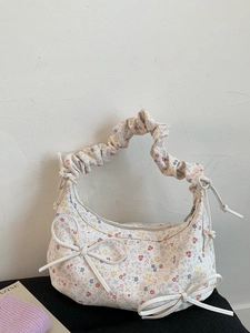 Sac Ravioli en Similicuir PU à Motif Floral pour Femmes Bandoulière Plissée avec Nœud Décoratif Sac Bandoulière Grande Capacité