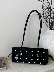 Retro black baguette shoulder bag with white polka dots and silver heart charm