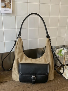 Vintage khaki suede and black leather dumpling tote bag with contrast stitching