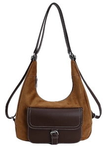 Vintage brown suede and leather hobo bag with contrast stitching and adjustable straps