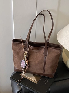 Vintage Suede PU Leather Large Capacity Tote Bag For Women Retro Soft Commuter Shoulder Bag With Tassel Bear Charm Casual Handbag