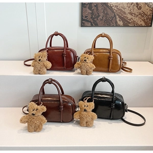 Mini vintage PU leather bowling bags in four colors with cute plush bear charms