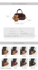Detailed size chart and color options for the PU leather bowling bag with bear charm