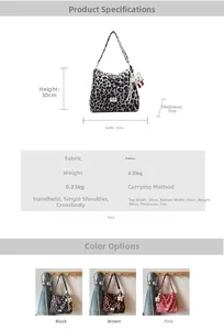 Detailed size chart for leopard print canvas tote bag with dimensions and key material specs