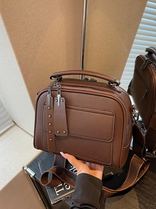 Women Vintage PU Leather Crossbody Bag Litchi Grain Square Shoulder Bag Wide Strap Double Zipper Multi Pocket Handbag