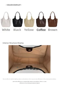 Detailed interior view of woven tote bag showing magnetic buckle and functional pockets