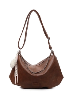 Sac cabas plissé vintage en cuir PU marron avec bandoulière chaîne et pompon blanc