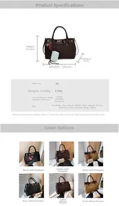 Size chart for retro PU tote bag with detailed measurements and multi-color specifications