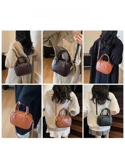 Detailed views of vintage crossbody bags in dark brown, caramel, and black faux leather