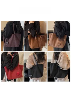Collage of large faux suede tote bags in various vintage colors worn by a fashion model
