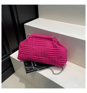 Detail view of fuchsia woven shell bag with elegant silver metal chain on magazine