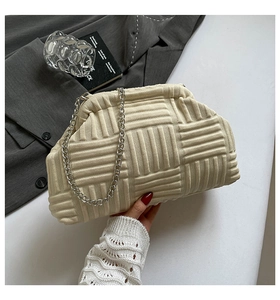Macro detail of beige woven texture and silver chain strap on shell-shaped clutch bag