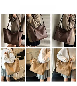 Detailed views of large woven tote bags in brown and beige colors with shoulder straps
