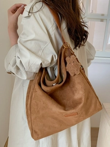 Brown large capacity suede hobo bag with teddy charm and gold rings for women