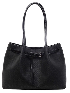 Classic black woven leather tote bag with decorative strap and metal buckle on white background