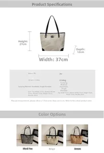 Detailed dimension chart and color options for high-capacity PU leather tote bag