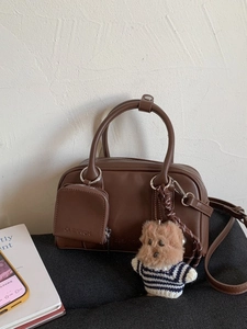 Vintage Women PU Leather Boston Crossbody Bag Minimalist Small Box Handbag With Detachable Charm Shoulder Bag For Daily Use