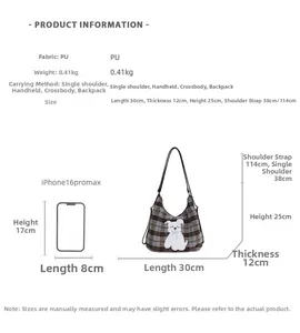 Size chart showing large plaid tote bag dimensions with weight and strap details