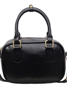 Classic black leather Boston bag with dual top handles and gold hardware details