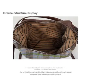 Detail view of plaid tote bag interior with striped lining and zipper pocket
