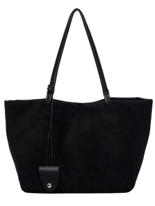 Classic black faux suede tote bag with slim shoulder straps and silver metal charm