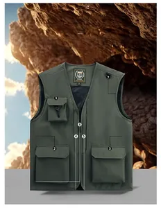 Detail view of military green fishing vest with multiple pockets and mesh lining