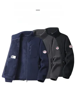 Detail of men's fleece jackets in navy, grey, and black with chest zipper and arm badge