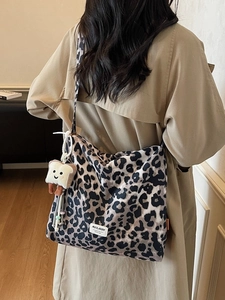 Women's casual leopard print canvas tote bag with plush charm for daily commute