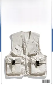 Detail view of functional multi-pocket casual vest featuring durable buckles and zippers