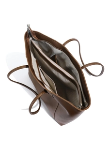 Deep brown leather tote bag with spacious interior compartments and zipper pocket