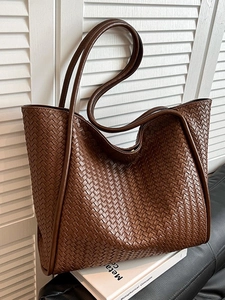 Vintage Woven Tote Bag Large Capacity PU Shoulder Bag For Women Retro Casual Commuting Shopper Bag Minimalist Handbag