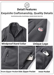 Detail view of dark grey polar fleece jacket with windproof collar and utility pockets
