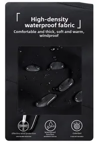 Close-up of black high-density waterproof fabric with water droplets on outdoor vest