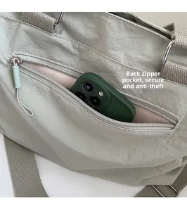Detail of light green tote bag with hidden back zipper pocket for anti-theft security