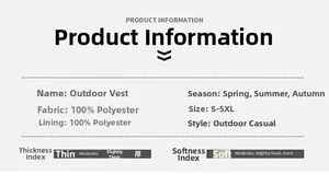 Size chart for outdoor quick-dry fishing vest with 100% polyester fabric details