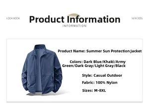 Detailed chart showing 100% nylon fabric and M-8XL size guide for men's sun jacket