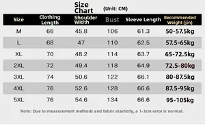 Detailed size chart for polar fleece jacket with length, shoulder, and weight suggestions