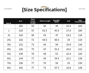 Detailed size chart for men's sun protection jacket ranging from M to 8XL dimensions
