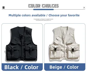 Detailed view of multi-pocket utility vest in black and apricot color options