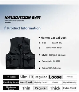 Detailed parameter chart for black multi-pocket cargo vest with size and fabric information