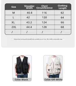 Size chart for outdoor utility vest with measurements for sizes M to 2XL in cm