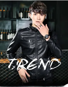 Close-up of a men's slim fit black faux leather motorcycle jacket with stand collar and zippers
