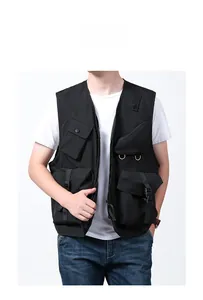 Detail of outdoor multi-pocket cargo vest with functional zippers and tactical utility design